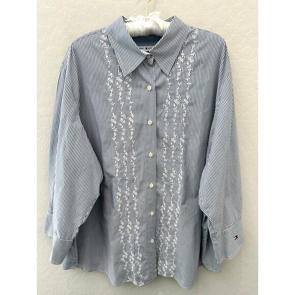 TOMMY HILFIGER Blue White Striped Embroidered Button Down Shirt Cotton | Size 24 - Picture 1 of 6